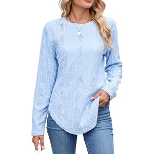 Women's Crew Neck Long Sleeve Curved Hem Top, Button-Back Hollow-Out T-Shirt for Casual & Daily Wear - 1 of 4