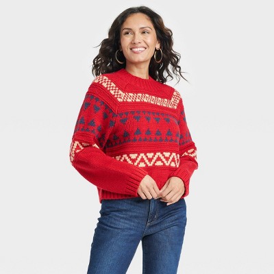 Women's Mock Turtleneck Pullover Sweater - Universal Thread™ Red Fair Isle XS