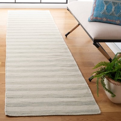Ivory and Light Blue Wool Flatweave Runner Rug