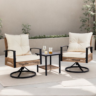 ELJGET 3 Pieces Patio Swivel Chairs, All-Weather Breathable Conversation Set w/ 360° Swivel Rocking Chairs & Table for Porch Backyard Poolside