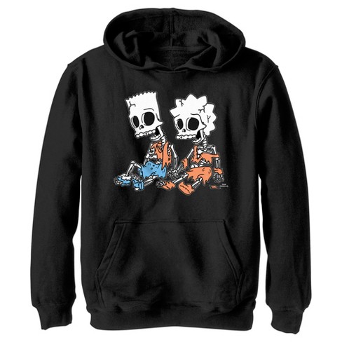 Boy's The Simpsons Skeleton Bart and Lisa Pull Over Hoodie - Black - X Large