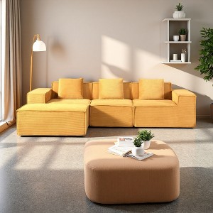 112" Corduroy Convertible L-Shaped Sectional Sofa with Ottoman - 1 of 4