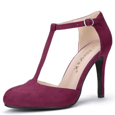 Allegra K Women's Rounded Toe Stiletto Heel T-Strap Dress Pumps Burgundy 7