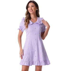 INSPIRE CHIC Women's Plaid Gingham Puff Sleeve Ruffle Peter Pan Collar Vintage Dress - 1 of 4