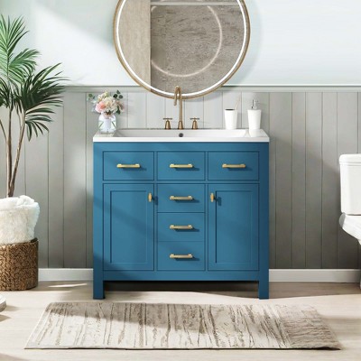 NicBex 36" Bathroom Storage Cabinet with Sink, Bathroom Vanity, 4 Spacious Drawers and 2 Cabinet Door for Bathroom, Blue