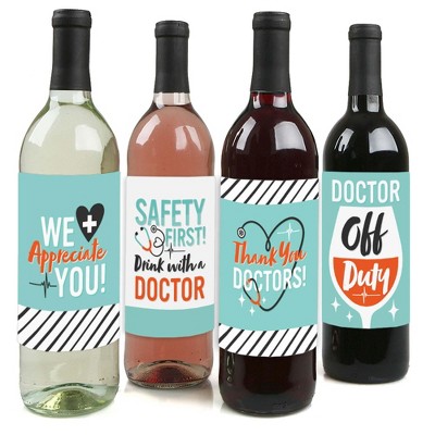 Big Dot of Happiness Thank You Doctors - Doctor Appreciation Week Decorations for Women and Men - Wine Bottle Label Stickers - Set of 4