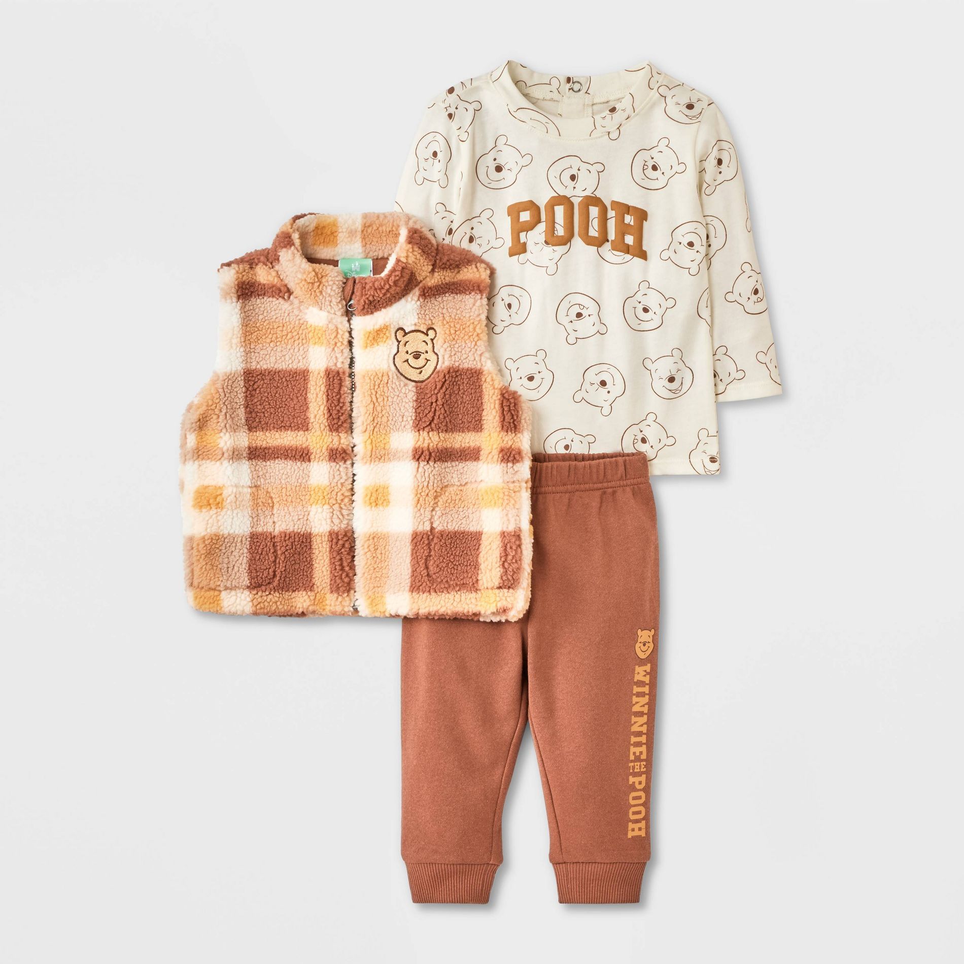 Baby Boys' 3pc Disney Winnie The Pooh Long Sleeve Shirt with Cozy Zip-Up Vest & Bottom Set - Brown 0-3M