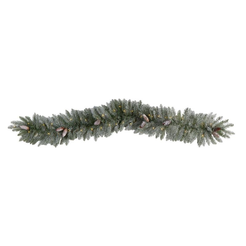 Nearly Natural 6&#39; Pre-lit LED Frosted Spruce with Pinecones Artificial Christmas Garland Green with Warm White Lights, 1 of 8