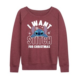 Women's - Lilo and Stitch - I Want A Stitch For Christmas Lightweight French Terry Wide Neck Long Sleeve Shirt - 1 of 4