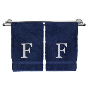 BC BARE COTTON Monogrammed Hand Towel, 100% Turkish Cotton - Set of 2 - Navy - White Block - 1 of 4