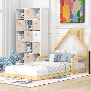CAVINAS Twin Size Bed Frame, Wooden Bed with House-shaped Headboard for Children, Floor Platform Bed - 1 of 4