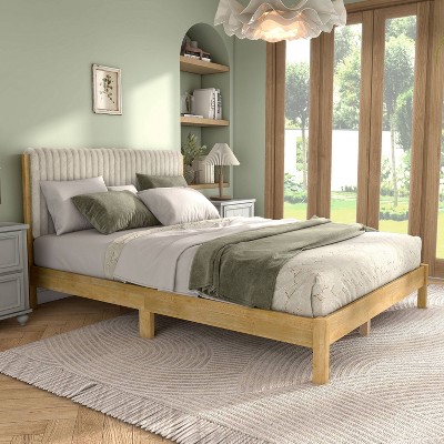 Alder Light Brown Rubberwood Queen Bed with Upholstered Headboard