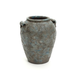 LuxenHome Antiqued Blue & Brown Terracotta Vase with Handles, 12" Tall Farmhouse Vintage Pottery - 1 of 4