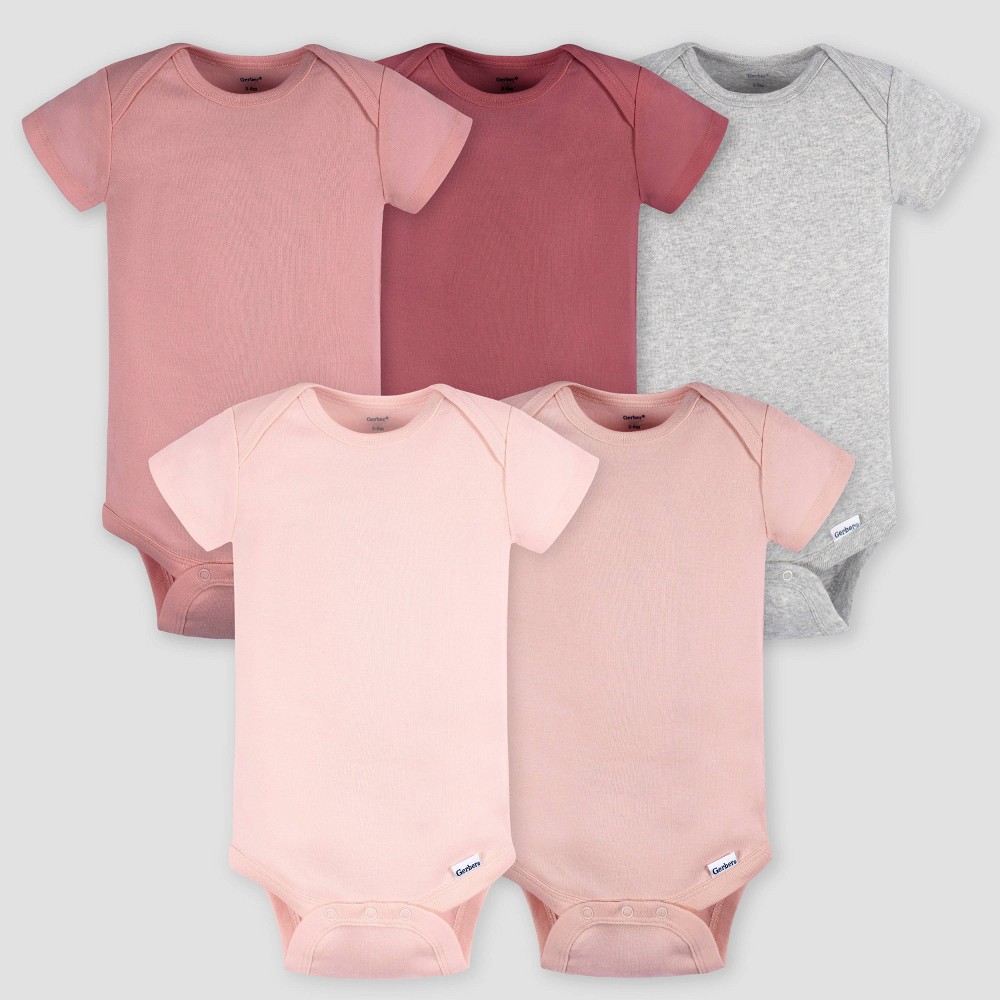 Gerber Baby 5pk Short Sleeve Onesies - Brown 24M: Cotton Knit Bodysuits, Pullover Crotch Snap