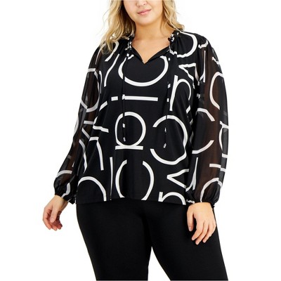 Calvin Klein Womens Printed Mixed Media Knit Blouse, Black, 3X