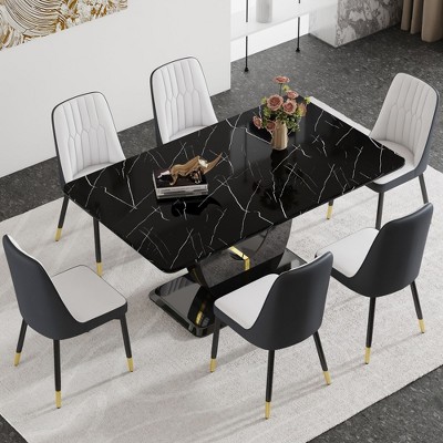 NicBex Dining Table Set for 6 Kitchen Table Black Marble MDF DiningTable Set with Black Metal Legs for Dining Room