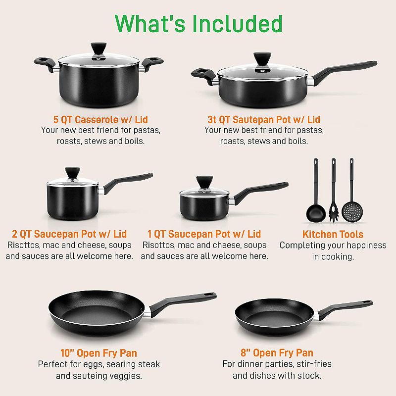 NutriChef NCCWA13 Aluminum Nonstick Home Cooking Kitchen Cookware Pots and Pan Set with Lids and Utensils, 26 Piece Set, Black, 3 of 7