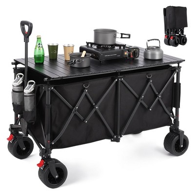 260L Collapsible Foldable Wagon with 440lbs Weight Capacity, Folding Garden Cart with Table Top, Cup Pockets, Brakes, Utility Grocery Wagon, Black