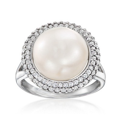 Ross-Simons 12-12.5mm Cultured Pearl and .90 ct. t.w. White Topaz Ring in Sterling Silver