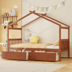 Okak Twin/Full Size House Bed Frame with 2 Storage Drawers,Solid Wood Platform Bed for Kids Room,Bedroom - 1 of 4