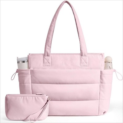 Tote Bag for Women with Giant Tumbler Holder Pocket, Puffer Work Travel Laptop Handbag with Zipper