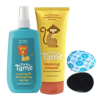 T is for Tame - Natural Taming Cream, Detangling Spray & Detangling Brush for Frizz, Flyaways & Static, Safe for Babies and Kids, 3 ct.