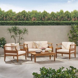 Aston 4pc Acacia Wood Mid-Century Modern Chat Set: Weather-Resistant, Includes Cushions - Christopher Knight Home - 1 of 4