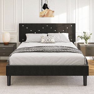 CAVINAS Modern Platform Bed, Queen Size Bed Frame with Upholstered Headboard & Wooden Slats - No Box Spring Needed, Easy Assembly - 1 of 4