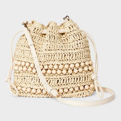 Straw Beaded Drawstring Crossbody Bag - Universal Thread™ Light Beige