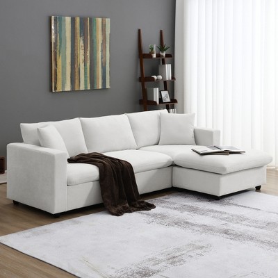 MYINDA Sectional Sofa,L-shaped Couch Set with 2 pillows,4-seat Couch Set with Convertible Ottoman for Living Room,White