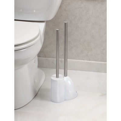 White Plastic Toilet Brush and Plunger Set with Stainless Steel Handles