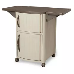 Suncast DCP2000 Portable Outdoor Resin Patio Grilling Entertainment Serving Prep Station Table with Cabinet Storage and Drop Leaf Extensions, Beige