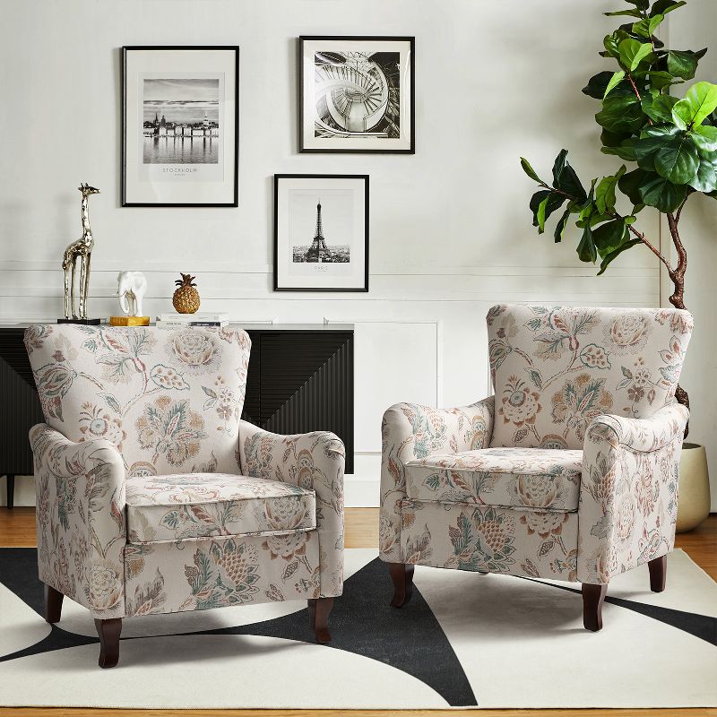 Set of 2 Vincent Wooden Upholstered Armchair with Fabric Pattern and Wingback Design for Bedroom| ARTFUL LIVING DESIGN, 2 of 12