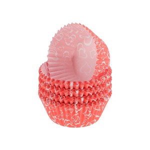 Unique Bargains Double Heart Print Disposable Baking Cups Greaseproof Paper Pink White 1.97"x1.18" 100 Pcs - 1 of 4