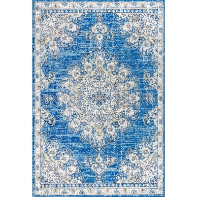 Blue and Cream Medallion Synthetic 4' x 6' Reversible Area Rug