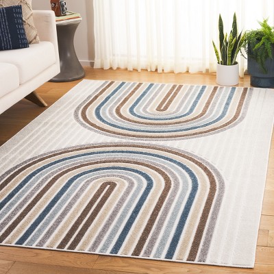 Ivory and Brown Blue Geometric Synthetic Indoor/Outdoor Area Rug, 5'2" x 7'6"