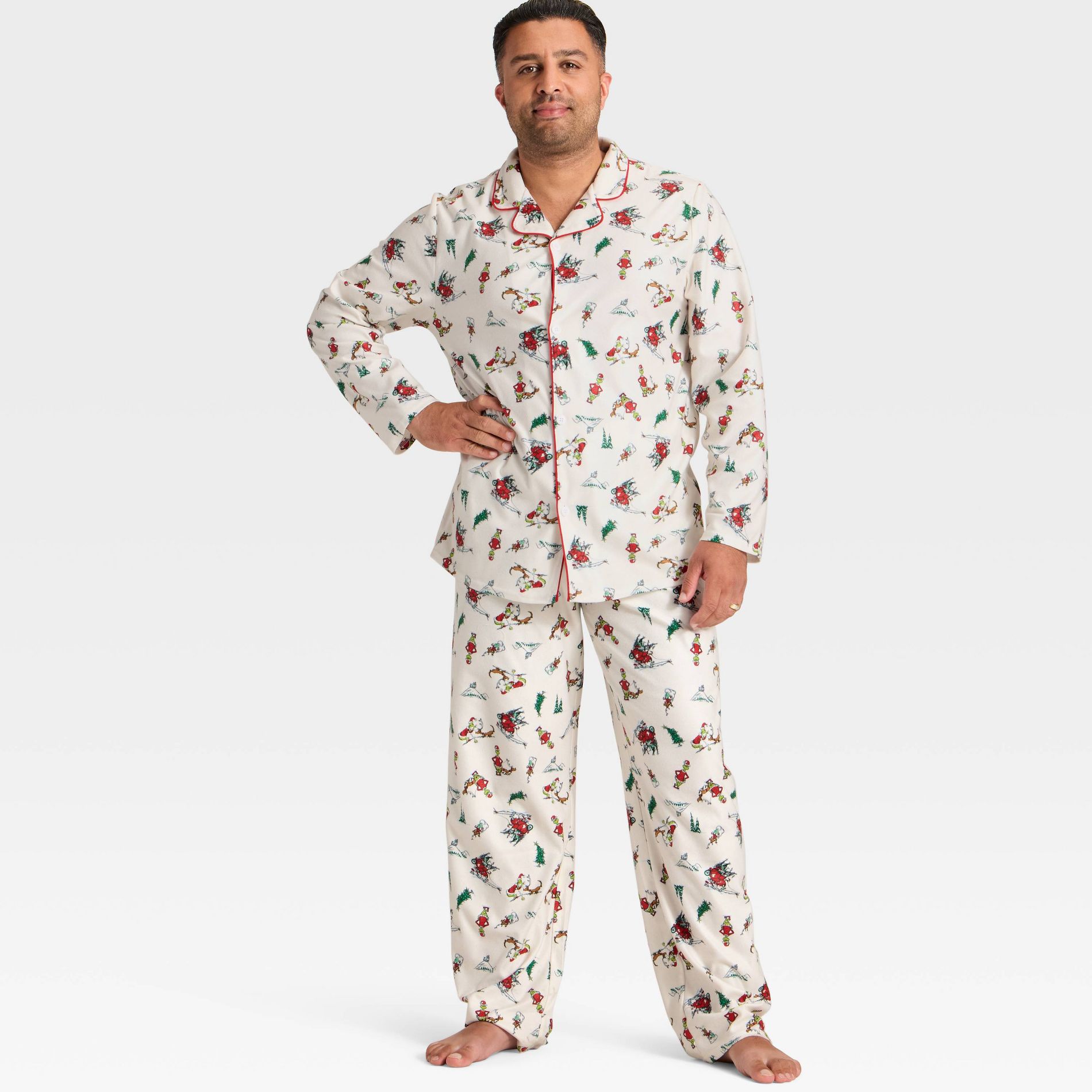 Men's Grinch Print Long Sleeve Shirt and Pants Holiday Matching Family Pajama Set - Cream