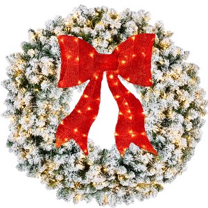 Best Choice Products Artificial Pre-Lit Flocked Fir Christmas Wreath Décor w/ Red Bow, LED Lights, Tips, Plug-In - 1 of 4