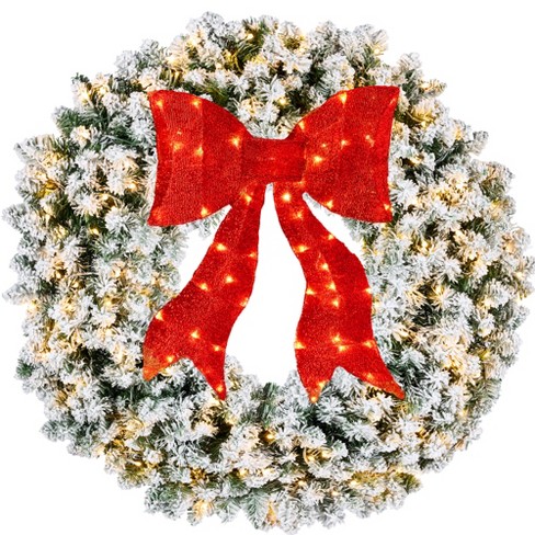 Best Choice Products Artificial Pre-Lit Flocked Fir Christmas Wreath Décor w/ Red Bow, LED Lights, Tips, Plug-In - image 1 of 4