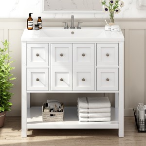 Akoasm 36 Inch Solid Wood Tall Bathroom Storage Cabinet Vanity With Drawers And Soft Closing Door(WITH UNDERMOUNT SINK)-White - 1 of 4