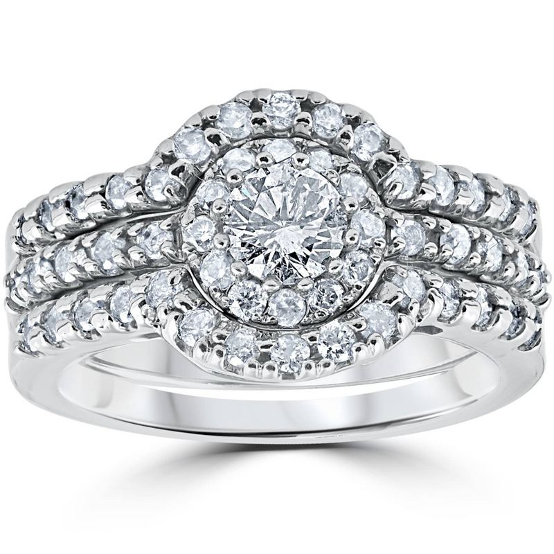 Pompeii3 1 1/10ct Round Diamond Engagement Matching Wedding Ring Set White Gold 14K, 1 of 6