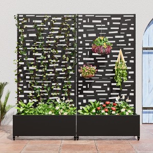 Wooakway Black Metal Planter Box with Trellis Raised Garden Bed with Arbor Privacy Screen with Wheels - 1 of 4
