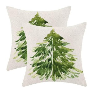 Christmas Tree Pillow Covers 18 x 18 Inch Set of 2, Nature Forest Watercolor Green Tree - 1 of 4