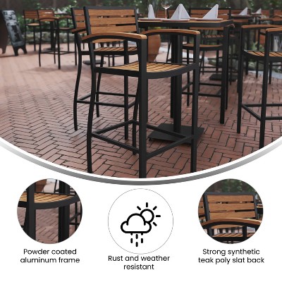 Teak Faux Wood Poly Resin Slatted Bar Height Stool with Aluminum Frame