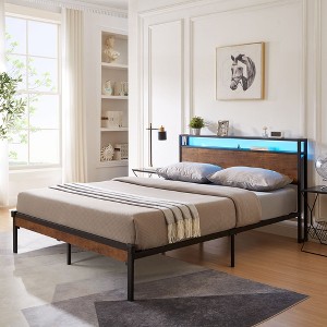 Sapphtopaz Metal Platform Bed Frame with Wooden Headboard & Footboard, No Box Spring Needed & Under Bed Storage for Adults, Teens & Guest Bedrooms - 1 of 4
