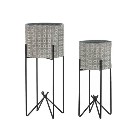 LuxenHome Set of 2 Gray and Black Metal Cachepot Planters with Stands