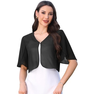 INSPIRE CHIC Women's Collarless Chiffon Bolero Ruffle Short Sleeve Open Front Sheer Cropped Shrug