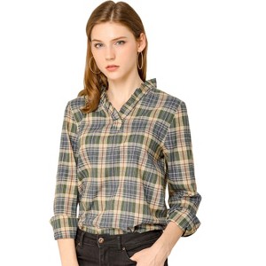 INSPIRE CHIC Women's Ruffle Collar Long Sleeve V Neck Plaid Blouse - 1 of 4