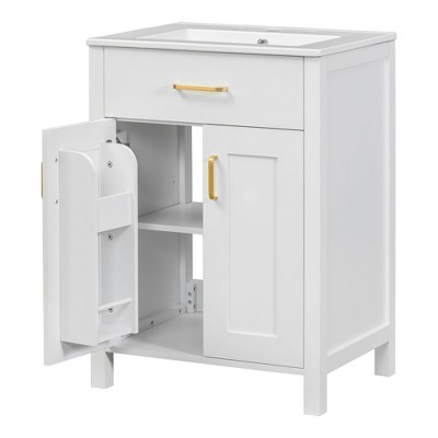 NicBex Bathroom Vanity with Ceramic Sink, 2 Spacious Cabinet Doors with 2 Double-tier Shelves and Adjustable Shelf, 1 Flip Drawer for Bathroom, White