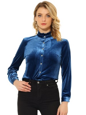 Allegra K Women's Velvet Top Stand Collar Long Sleeves Button Down